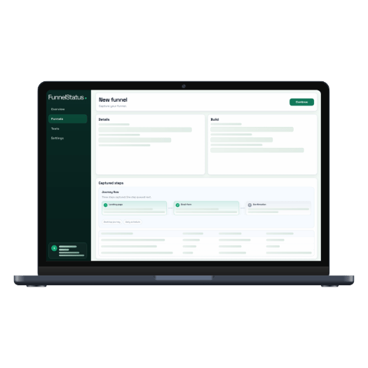 FunnelStatus app interface showing funnel monitoring status and recent activity